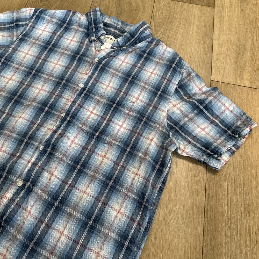 John Blair Vintage Men's‎ Short Sleeve Button Down Shirt Blue Plaid Size Large